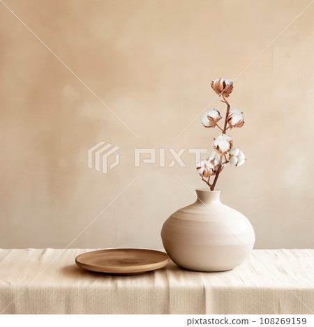Beige ceramic vases with dry cotton branches. Stylish and minimalistic background for display your products in living room. Scandinavian interior. Modern home decor. Copy space. 108269159