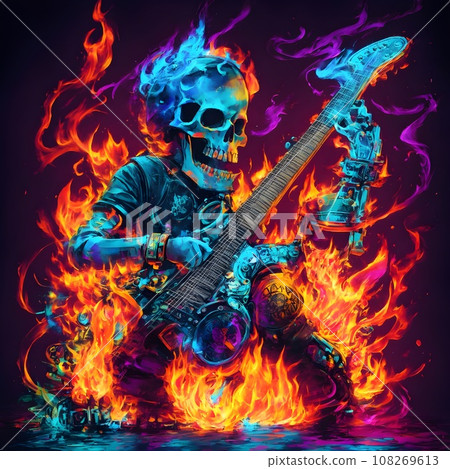 skull and skeleton in flames playing guitar. skull and skeleton in flames playing guitar. 108269613