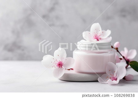 Gentle moisturizing cream with sakura flowers. Gentle moisturizing cream with sakura flowers. 108269838