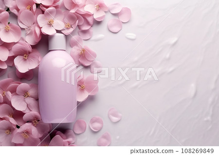 Cosmetic with vitamin and collagen in bottle and sakura flowers. Gentle moisturizing cream or gel texture. Generative ai Cosmetic with vitamin and collagen in bottle and sakura flowers. Gentle moisturizing cream or gel texture. Generative ai 108269849