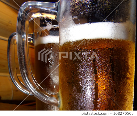 Two Beer Handle Glasses With Cold Craft Lager Beer Detailed Photo Two Beer Handle Glasses With Cold Craft Lager Beer Detailed Photo 108270503
