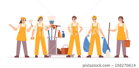Cleaning team young characters. Cleat service staff, cute cartoon workers with broom, bucket, waste bags and sponge. Snugly people in uniform, vector concept 108270614