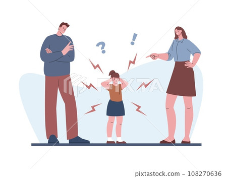 Parents scream at child. Aggressive mother and father behavior, scold little girl. Angry and sad family characters, toddler covers his ear, kicky vector scene Parents scream at child. Aggressive mother and father behavior, scold little girl. Angry and sad family characters, toddler covers his ear, kicky vector scene 108270636