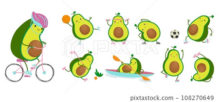 Avocado doing yoga and fitness training. Isolated avocados cartoon characters, play basketball, football and golf. Active lifestyle nowaday vector clipart 108270649