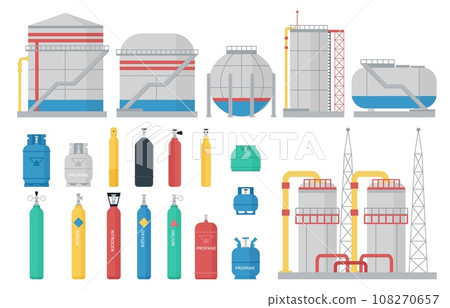 Gas petroleum storages. Oxygen cylinders, isolated industrial storage for liquid chemical products. Lpg bottles, cylindrical containers decent vector set 108270657