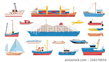 Ships and boats cartoon design. Yachts, cargo and sea ship. Cruise ocean liner, nautical transportation and adventures decent vector elements Ships and boats cartoon design. Yachts, cargo and sea ship. Cruise ocean liner, nautical transportation and adventures decent vector elements 108270658
