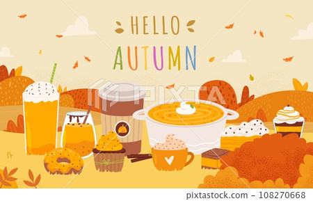 Sweet pumpkin season. Pumpkins latte, soup and cakes on colorful nature landscape. Fall leaves, hills and trees. Food vector cartoon background 108270668