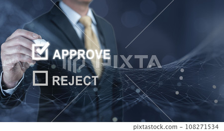 Approve concept. businessman touching check mark to approval document on virtual screen. Quality Control, Evaluation form, questionnaire, consideration, acceptance, approval, interview Approve concept. businessman touching check mark to approval document on virtual screen. Quality Control, Evaluation form, questionnaire, consideration, acceptance, approval, interview 108271534