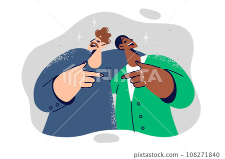 Men friends hug and point at buddy, rejoicing at long-awaited meeting and opportunity to communicate Men friends hug and point at buddy, rejoicing at long-awaited meeting and opportunity to communicate 108271840