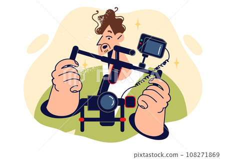 Man videographer holds camera mounted on stabilizer to shoot video with smooth frame movement 108271869