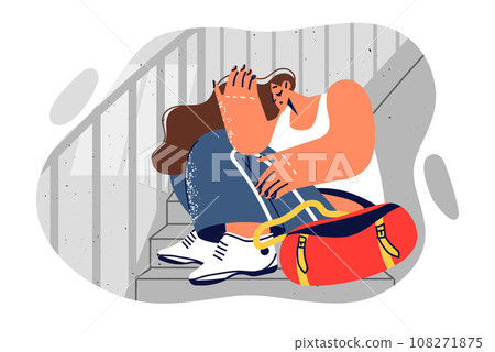 Sad woman has become victim of robber and sits on steps with open bag, needing help of police Sad woman has become victim of robber and sits on steps with open bag, needing help of police 108271875