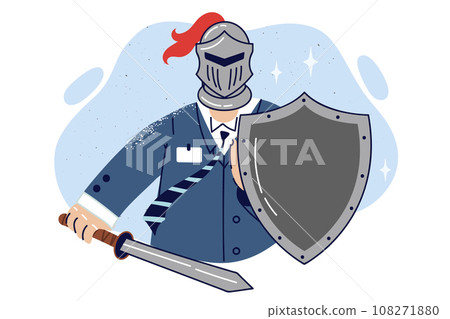 Knight in business clothes and helmet holds shield and sword, for concept of security services 108271880