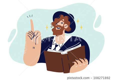 Man in jewish national clothing and hat holds torah book and points finger upward 108271892