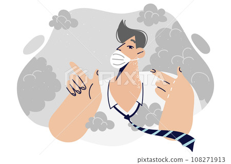 Man in medical mask stands among smoke, suffering from harmful emissions from toxic city enterprises 108271913