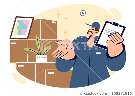 Man courier helping someone move to new home or relocation stands near cardboard boxes Man courier helping someone move to new home or relocation stands near cardboard boxes 108271916