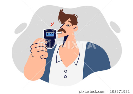 Man holds breathalyzer to check presence of alcohol in blood and ability to drive car after party 108271921