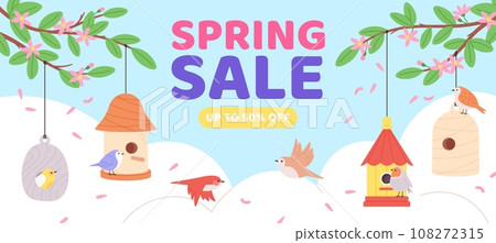 Seasonal sale banner with birdhouses and flat birds. Hello spring flyer design, discount in store poster. Wooden birdhouse racy vector background Seasonal sale banner with birdhouses and flat birds. Hello spring flyer design, discount in store poster. Wooden birdhouse racy vector background 108272315