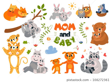 Mother and cubs animals. Cartoon baby animal hugging moms. Koala, hippo and bears, funny raccoon and birds in nest classy vector characters 108272361