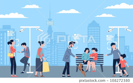 People recognition in crowd. Identification person on face in city street. Self biometric authentication in public places, non personal space recent vector scene 108272380