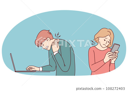 People working on gadgets suffer from backache People working on gadgets suffer from backache 108272403