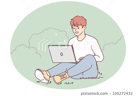 Smiling guy sit outdoors work on computer Smiling guy sit outdoors work on computer 108272432