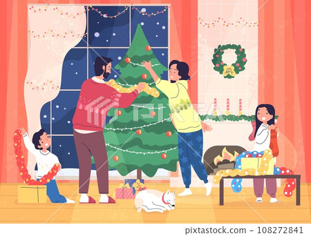 Family decorate tree. Mother dad and children prepare christmas decorating for new year december holiday in house living room with fireplace, merry xmas classy vector illustration Family decorate tree. Mother dad and children prepare christmas decorating for new year december holiday in house living room with fireplace, merry xmas classy vector illustration 108272841
