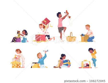 Children opening gifts. Kid boys and girls unwrap presents, excited children unpacking gift box, birthday celebration christmas surprise, child gifting classy vector illustration 108272845