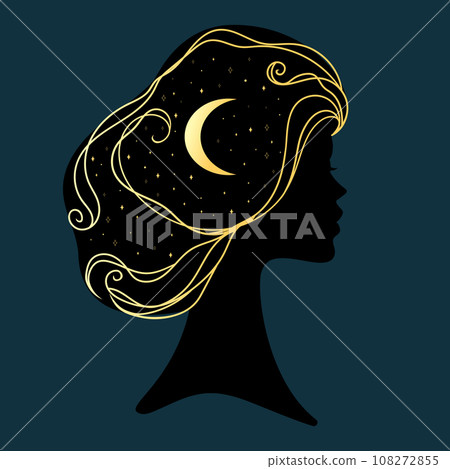 Female profile silhouette with gold stars and crescent. Emblem of a night sky. Vector illustration 108272855