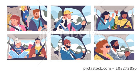 Winter driving trip. People inside car traveling on snow highway, family wanderlust senior couple driving xmas holiday in cold road automotive adventures classy vector illustration 108272856