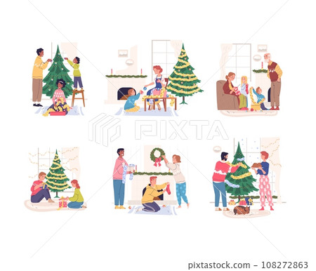 People christmas preparation. Happy family decorate tree, guy girl children preparing home new year party, couple friends gift celebrate winter holiday, classy vector illustration 108272863