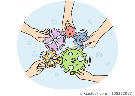 Hands of unrecognizable people hold gears in single design. Hands of unrecognizable people hold gears in single design. 108272957