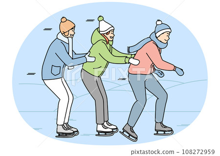 Girl, guys in warm clothes are skating outside. 108272959