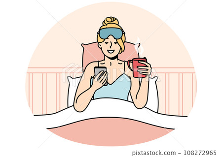 Awakened woman chats on cellphone, drinks coffee. Awakened woman chats on cellphone, drinks coffee. 108272965
