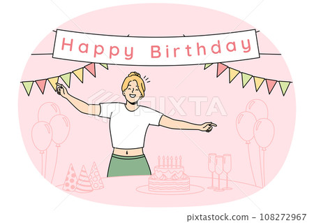 Woman decorated house for birthday, set holiday table. Woman decorated house for birthday, set holiday table. 108272967