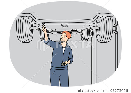 Automobile mechanic working under lifted car. 108273026
