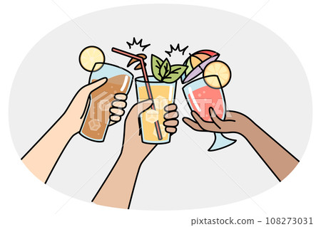 Hands of multiracial people clink glasses with drinks. 108273031