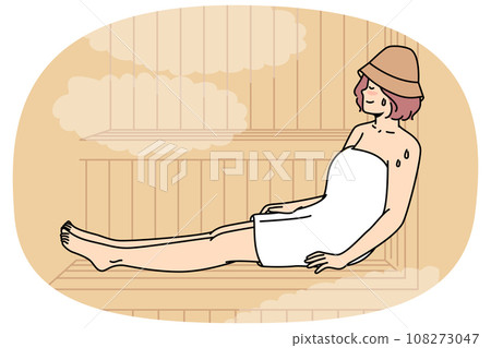 Woman in body towel sits, sweating on bench in sauna. 108273047