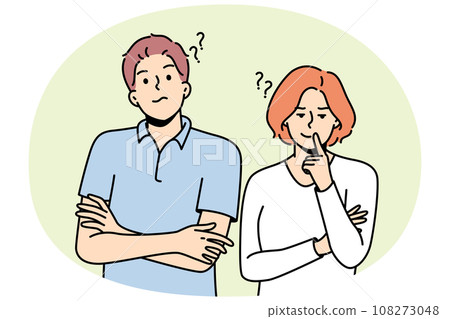 Young woman, man stand side by side in disbelief. 108273048