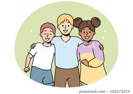 Children friends of different nationalities stand, hug. 108273054