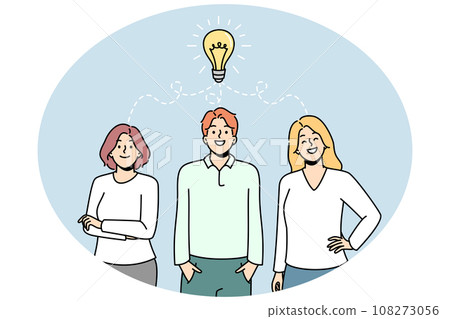 Burning light bulb over people, brainstorming. 108273056