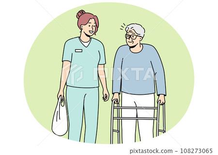 Health care worker helps elderly disabled person with walking frame. 108273065