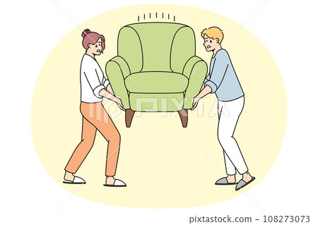 Man, woman install heavy armchair after moving. Man, woman install heavy armchair after moving. 108273073