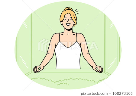 Happy girl rejoices in new day, looking out of window. 108273105