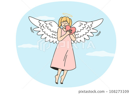 Girl soars in sky hugging heart, gives love, care. 108273109
