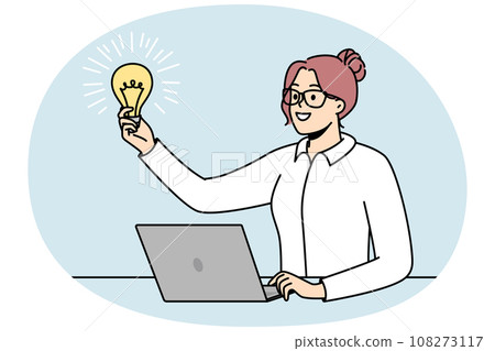 Businesswoman in glasses holds lit light bulb in front of her. Businesswoman in glasses holds lit light bulb in front of her. 108273117