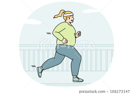 Fat woman makes cardio outdoor to burn calories. Fat woman makes cardio outdoor to burn calories. 108273147