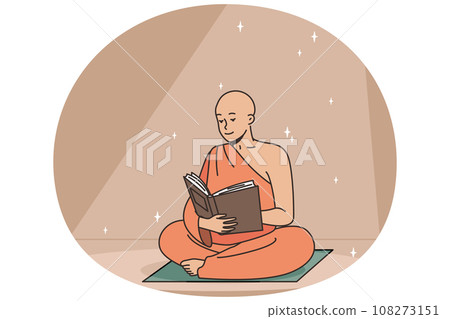 Buddhist monk reads ancient book sitting on rug. 108273151