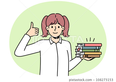 Girl holds pile of paper books, shows thumb up. 108273153