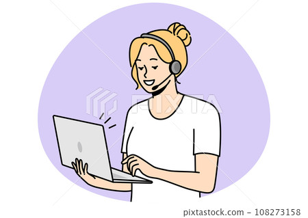 Woman in headset holds laptop, communicates with colleagues. Woman in headset holds laptop, communicates with colleagues. 108273158