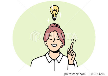 Shining light bulb over head of smiling smart girl. 108273202